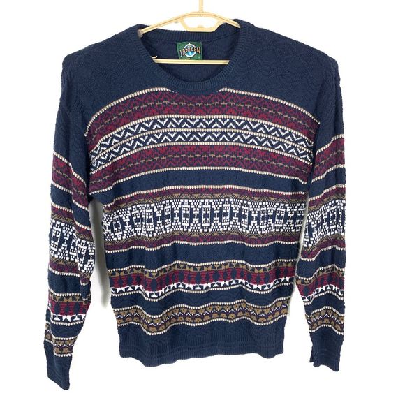 VTG Jantzen Sweater Knit Geometric Striped Grandpa - Picture 1 of 8